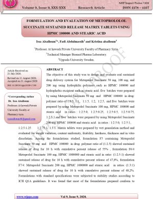 FORMULATION AND EVALUATION OF METOPROLOLOL SUCCINATE SUSTAINED RELEASE MATRIX TABLETS USING HPMC 100000 AND STEARIC ACID(نشر)_page-0001