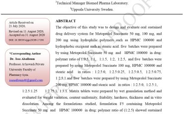 FORMULATION AND EVALUATION OF METOPROLOLOL SUCCINATE SUSTAINED RELEASE MATRIX TABLETS USING HPMC 100000 AND STEARIC ACID(نشر)_page-0001